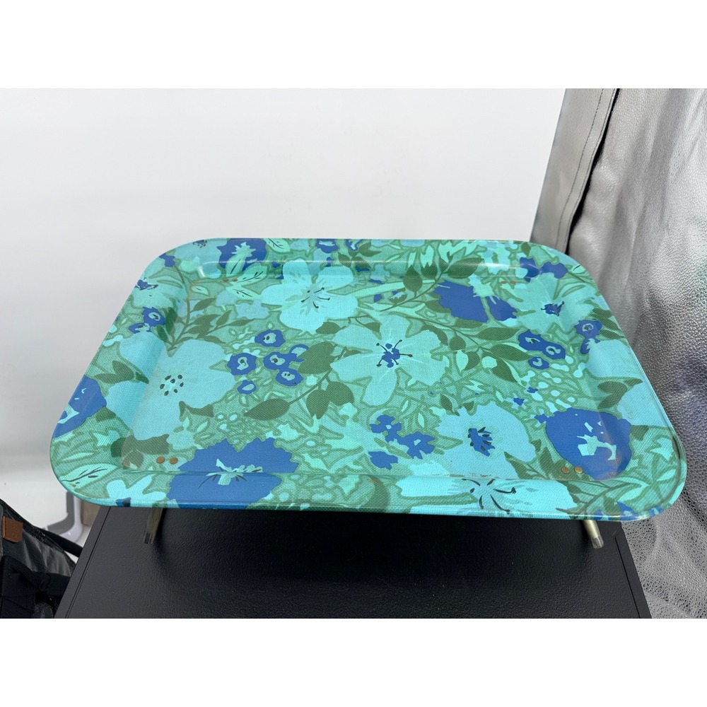 Vintage Floral Lap Dinner Tray Teal Folding Metal MCM Retro Botanical 70s Mod